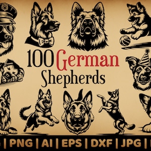 100 Duitse herderbundel | Commercieel gebruik vectorafbeeldingen | Svg, Png, Dxf, Eps, Pdf, Ai, Jpg-formaten | Sublimatie, lasergravure, logo