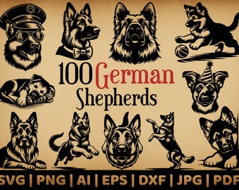 100 German Shepherd Bundle | Commercial Use Vector Graphics | Svg, Png, Dxf, Eps, Pdf, Ai, Jpg Formats | Sublimation, Laser Engraving, Logo