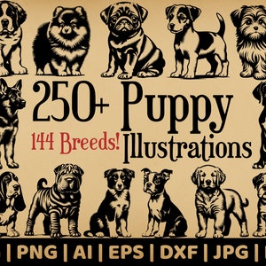 288 Puppy Design Bundle | Commercial Use Vector Graphics | Svg, Png, Dxf, Eps, Pdf, Ai, Jpg Formats | Sublimation | Laser Engraving