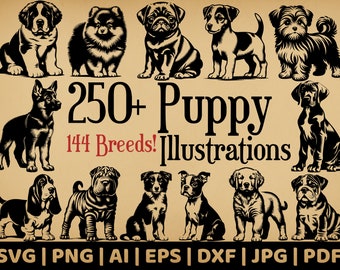 288 Puppy Design Bundle | Commercial Use Vector Graphics | Svg, Png, Dxf, Eps, Pdf, Ai, Jpg Formats | Sublimation | Laser Engraving