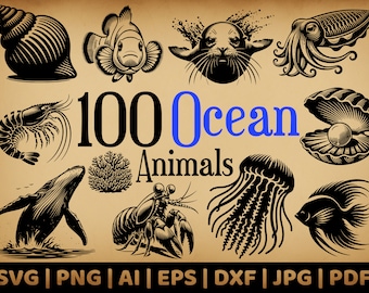 May include: A collection of 100 black and white illustrations of ocean animals, including a shrimp, a whale, a jellyfish, a seahorse, a crab, a seal, an octopus, a clam, a fish, and coral. The text "100 Ocean Animals" is in the center of the image.