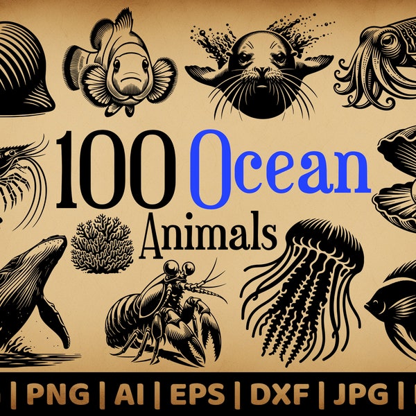 100 Ocean Animal Bundle | Commercial Use Vector Graphics | Svg, Png, Dxf, Eps, Pdf, Ai, Jpg Formats | Sublimation, Laser Engraving, Logo