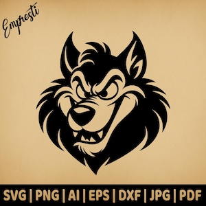 Cabeça de desenho animado de lobo mau | Gráficos vetoriais de uso comercial | Formatos Svg, Png, Dxf, Eps, Pdf, Ai, Jpg | Sublimação, Laser, Logotipo, Lightburn