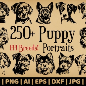 288 Puppy Portrait Bundle | Commercial Use Vector Graphics | Svg, Png, Dxf, Eps, Pdf, Ai, Jpg Formats | Sublimation, Laser Engraving, Decal