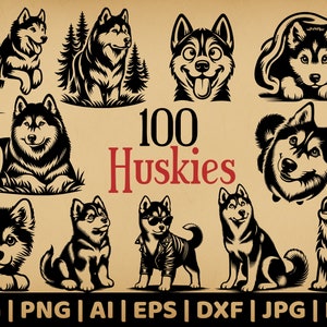 Pacote 100 Husky | Gráficos vetoriais de uso comercial | Formatos Svg, Png, Dxf, Eps, Pdf, Ai, Jpg | Sublimação, Gravação a Laser, Logotipo, Estênceis