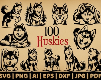 100 Husky Bundle | Commercial Use Vector Graphics | Svg, Png, Dxf, Eps, Pdf, Ai, Jpg Formats | Sublimation, Laser Engraving, Logo, Stencils