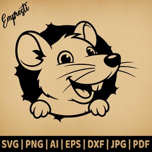May include: A black and white cartoon mouse illustration, smiling and emerging from a hole. The mouse has large ears, a prominent nose, and visible teeth. The image includes the text "Empresti" and file type options: SVG, PNG, AI, EPS, DXF, JPG, and PDF.