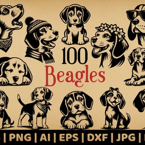 Paquete de 100 Beagle, Gráficos vectoriales de uso comercial, Svg, Png, Dxf, Eps, Pdf, Ai, Formatos Jpg, Sublimación, Grabado láser, Logotipo, Plantilla