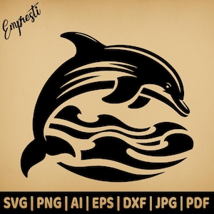 Dauphins sautant d'eau | Graphismes vectoriels aquatiques à usage commercial | Formats Svg, Png, Dxf, Eps, Pdf, Ai, Jpg | Sublimation, laser, logo, tshirt