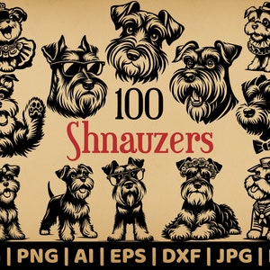 Lot de 100 schnauzers | Vectoriels à usage commercial | Formats Svg, Png, Dxf, Eps, Pdf, Ai, Jpg | Sublimation, Gravure laser, Logo, Chemise