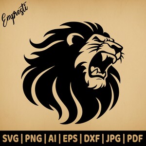 Desenho de cabeça de leão rugindo | Gráficos vetoriais de uso comercial | Formatos Svg, Png, Dxf, Eps, Pdf, Ai, Jpg | Sublimação, Laser, Logotipo, Lightburn