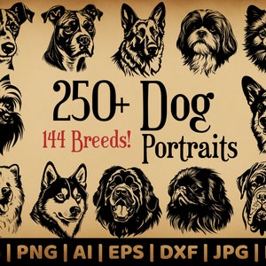 288 Dog Portrait Bundle | Commercial Use Vector Graphics | Svg, Png, Dxf, Eps, Pdf, Ai, Jpg Formats | Sublimation | Laser Engraving