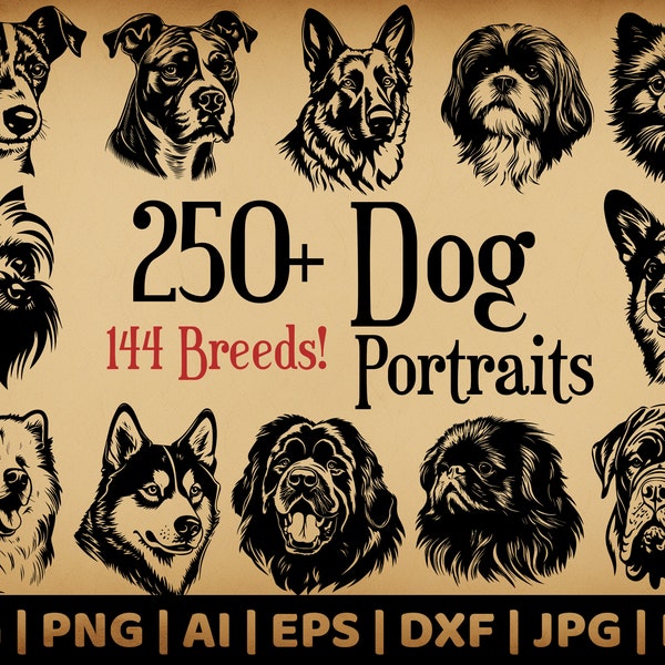 288 Ensemble de portraits de chiens | Graphiques vectoriels à usage commercial | Formats SVG, Png, Dxf, Eps, Pdf, Ai, Jpg | Sublimation | Gravure Laser