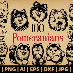 100 Pomeranians Bundle | Commercial Use Vector Graphics | Svg, Png, Dxf, Eps, Pdf, Ai, Jpg Formats | Sublimation, Laser Engraving, Logo