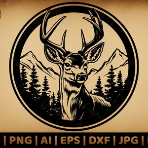 Deer Svg Cutfile para sublimação | Distintivo de Caça | Download instantâneo | Logotipo do fanfarrão | Clipart de cauda branca | Animal da floresta | Acampamento
