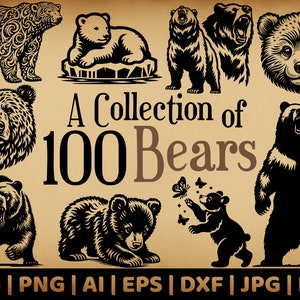 Lot de 100 ours SVG | Vectoriels à usage commercial | Formats Svg, Png, Dxf, Eps, Pdf, Ai, Jpg | Sublimation, gravure laser, logo, pochoir