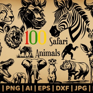Pacchetto 100 animali Safari / Grafica vettoriale per uso commerciale / Svg, Png, Dxf, Eps, Pdf, Ai, Jpg / Sublimazione / Incisione laser