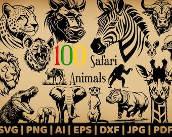100 Safari Animal Bundle | Commercial Use Vector Graphics | Svg, Png, Dxf, Eps, Pdf, Ai, Jpg | Sublimation | Laser Engraving