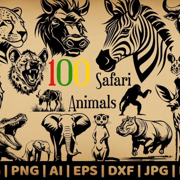 100 Safari Animal Bundle | Commercial Use Vector Graphics | Svg, Png, Dxf, Eps, Pdf, Ai, Jpg | Sublimation | Laser Engraving