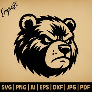 May include: Black and white illustration of a bear's head with a serious expression. The bear has a thick, bushy coat and a prominent nose.