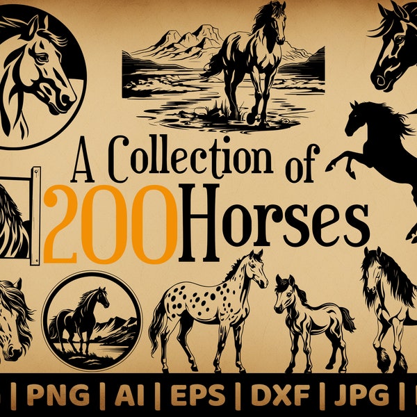 Lot de 200 chevaux SVG | Graphiques vectoriels à usage commercial | Formats Svg, Png, Dxf, Eps, Pdf, Ai, Jpg | Sublimation | Gravure au laser