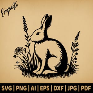May include: Black and white silhouette of a rabbit sitting in a field of grass and flowers. The rabbit is facing left and has long ears. The grass and flowers are stylized and detailed.