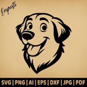 Cabeça de Retriever de Desenho Animado | Gráficos Vetoriais de Uso Comercial | Formatos Svg, Png, Dxf, Eps, Pdf, Ai, Jpg | Sublimação, Laser, Logotipo, Lightburn