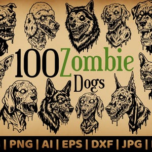 Bundel 100 zombiehonden | Vectorafbeeldingen voor commercieel gebruik | Svg-, png-, dxf-, eps-, pdf-, ai-, jpg-indelingen | Sublimatie, lasergravure, logo