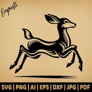 Puede incluir: Silueta en blanco y negro de un ciervo corriendo. El ciervo está en una pose de salto con las piernas extendidas.