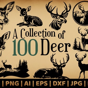 100 Deer SVG Bundle | Commercial Use Vector Graphics | Svg, Png, Dxf, Eps, Pdf, Ai, Jpg Formats | Sublimation, Laser Engraving, Logo