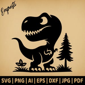 Desenho animado T-Rex Dino Paisagem | Gráfico vetorial de uso comercial | Formato Svg, Png, Dxf, Eps, Pdf, Ai, Jpg | Sublimação, Laser, Logotipo, Lightburn