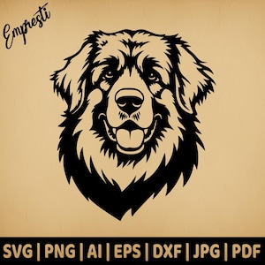 May include: Black and white silhouette of a Bernese Mountain Dog with a friendly expression. The dog's head is facing forward with its tongue sticking out.