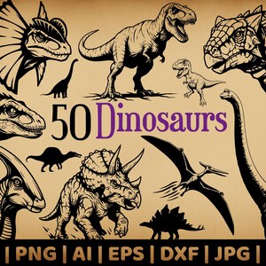 May include: A collection of 50 black and white dinosaur illustrations. The illustrations include a variety of dinosaurs, such as a Tyrannosaurus Rex, a Triceratops, a Stegosaurus, and a Pterodactyl. The illustrations are ideal for use in crafts, scrapbooking, or other creative projects.