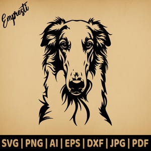 May include: Black and white silhouette of a Borzoi dog's head. The dog has long, flowing hair and a long, narrow snout.