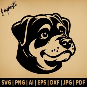Cabeça de Rottweiler de Desenho Animado | Gráficos Vetoriais de Uso Comercial | Formatos Svg, Png, Dxf, Eps, Pdf, Ai, Jpg | Sublimação, Laser, Logotipo, Lightburn