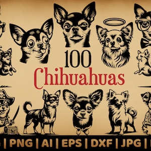 100 Chihuahua-bundel | Commercieel gebruik vectorafbeeldingen | Svg, Png, Dxf, Eps, Pdf, Ai, Jpg-formaten | Sublimatie, lasergravure, logo