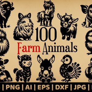 Pacote de 100 animais de fazenda | Gráficos vetoriais de uso comercial | Svg, Png, Dxf, Eps, Pdf, Ai, Jpg | Sublimação | Gravação a laser