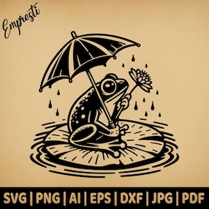 Grenouille sur nénuphar avec parapluie | Vectoriels à usage commercial | Formats Svg, Png, Dxf, Eps, Pdf, Ai, Jpg | Sublimation, laser, logo