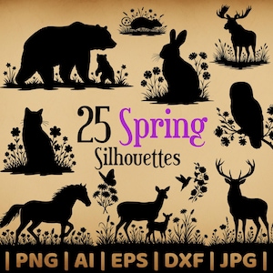 25 Spring Animal Silhouettes SVG Bundle | Commercial Use | Svg Png Dxf Eps Pdf Ai Jpg | Sublimation, Laser Engraving, Cut File, CNC, Clipart