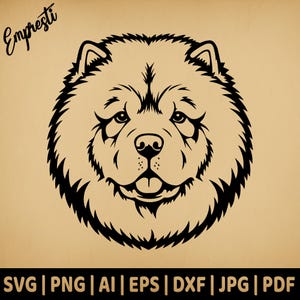 May include: Black and white line art illustration of a Chow Chow dog's head. The dog has a fluffy, round head with a short, curled tail.