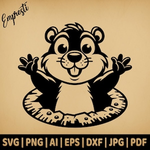 May include: A black and white illustration of a cartoon groundhog peeking out of a hole in the ground. The groundhog is smiling and waving with both hands.