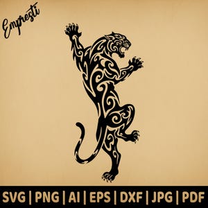 May include: Black and white tribal design of a panther standing on its hind legs with its mouth open. The panther is stylized with intricate swirls and lines.