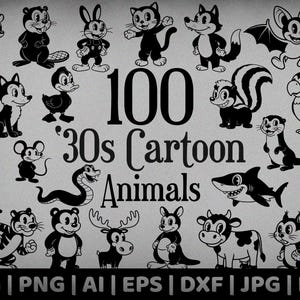 100 1930s Cartoon Animals Bundle | Commercial Use Vector Graphics | Svg, Png, Dxf, Eps, Pdf, Ai, Jpg Formats | Sublimation, Laser Engraving