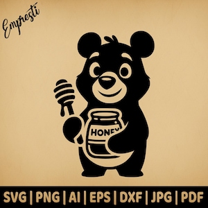 Bear Holding Honey Cartoon | Commercial Use Vector Graphics | Svg, Png, Dxf, Eps, Pdf, Ai, Jpg Formats | Sublimation, Laser, Logo, Lightburn