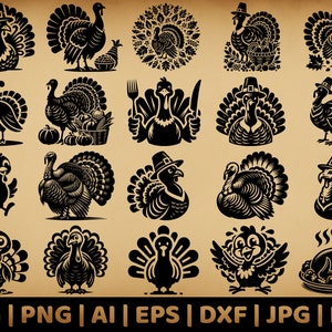 20 pacchetti di tacchini del Ringraziamento / Grafica vettoriale per uso commerciale / Formati Svg, Png, Dxf, Eps, Pdf, Ai, Jpg / Sublimazione, incisione laser