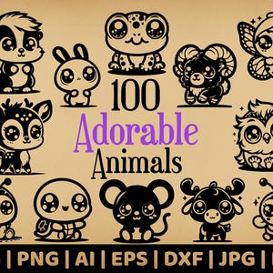 May include: A collection of 100 black and white illustrations of adorable animals, including a deer, a frog, a turtle, a ladybug, a mouse, a ram, a butterfly, an owl, and a bee. The text "100 Adorable Animals" is written in purple letters.