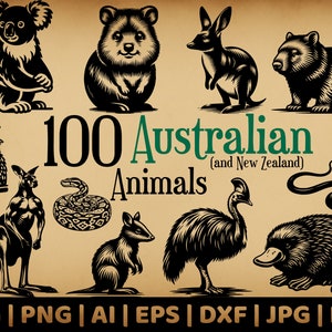 100 Australische Tiere Bündel | Kommerzielle Nutzung Vektorgrafik | SVG, Png, Dxf, Eps, Pdf, Ai, Jpg Formate | Sublimation, Lasergravur