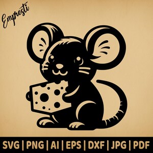 Desenho animado de rato segurando queijo | Gráficos vetoriais de uso comercial | Formatos Svg, Png, Dxf, Eps, Pdf, Ai, Jpg | Sublimação, Laser, Logotipo, Camiseta
