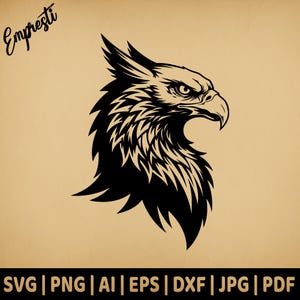 Ritratto di testa di grifone regale / Uso commerciale Vettore / Svg Png Dxf Eps Pdf Ai Jpg / Sublimazione, incisione laser, file di taglio, CNC, Clipart