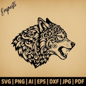Ornate Wolf Head | Commercial Use Vector Graphic | Svg Png Dxf Eps Pdf Ai Jpg Format | Sublimation, Laser Engraving, Woodcutting, Crafting